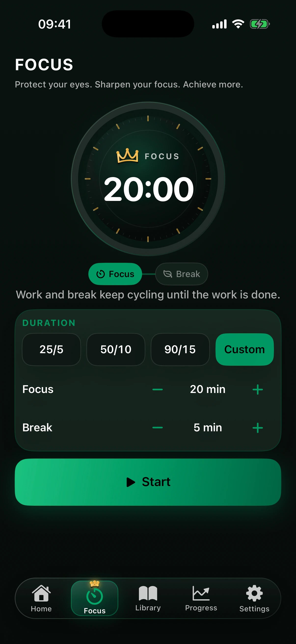 FreeSoulz Focus screen with custom Focus and Break duration controls