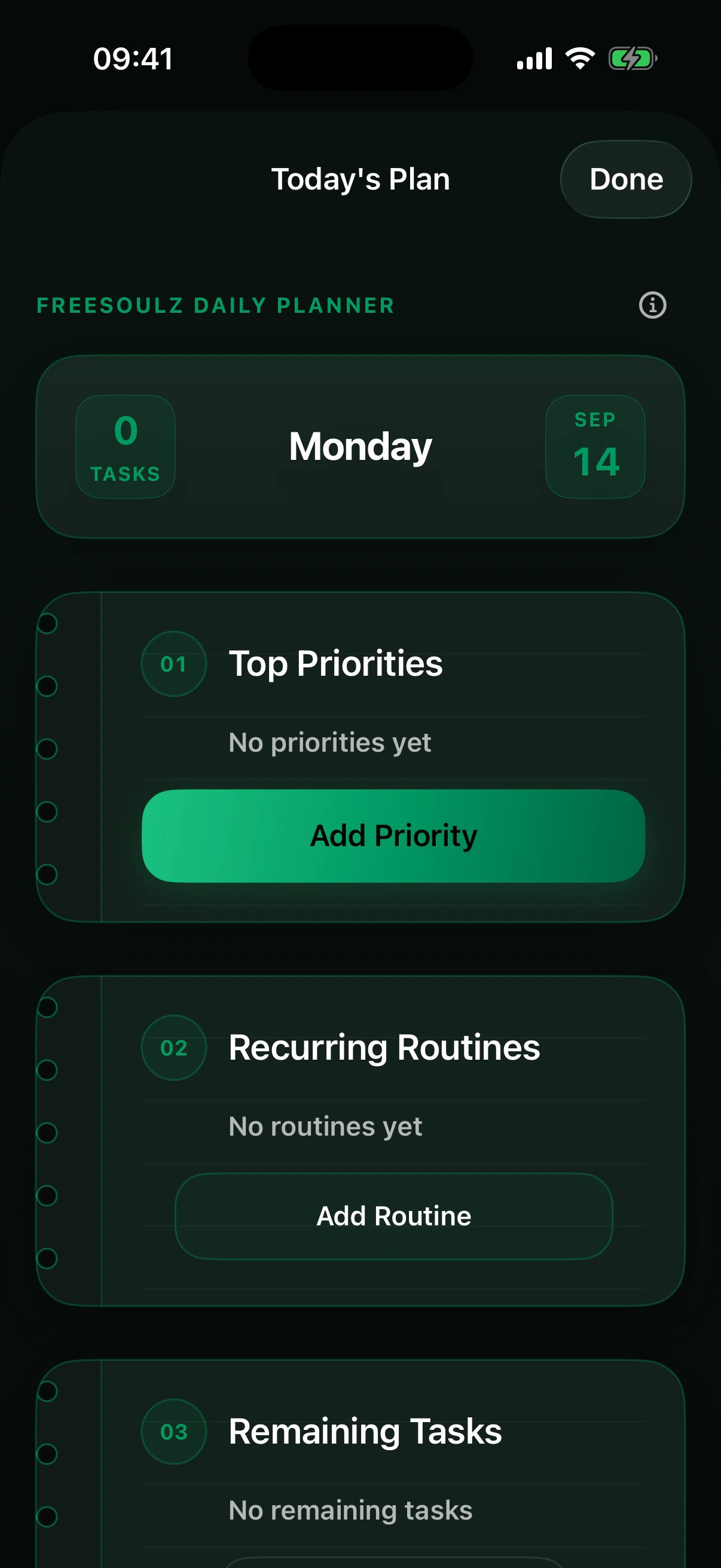 FreeSoulz daily planner showing priorities, routines, and remaining tasks