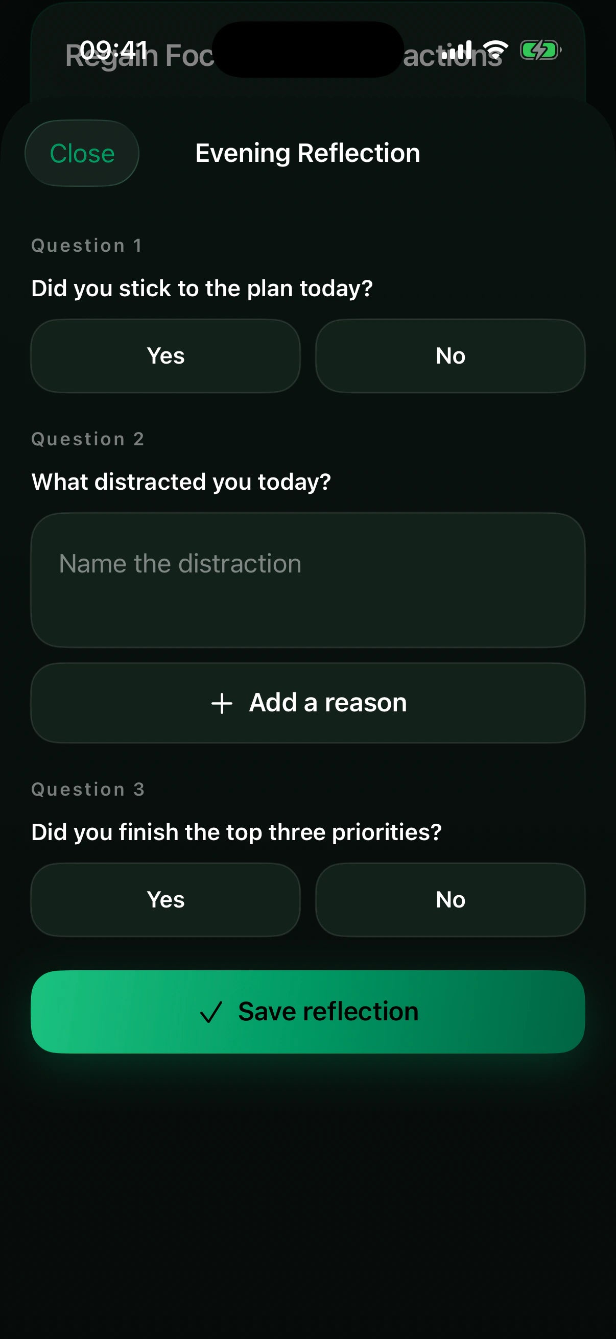FreeSoulz Evening Reflection screen with three private review questions