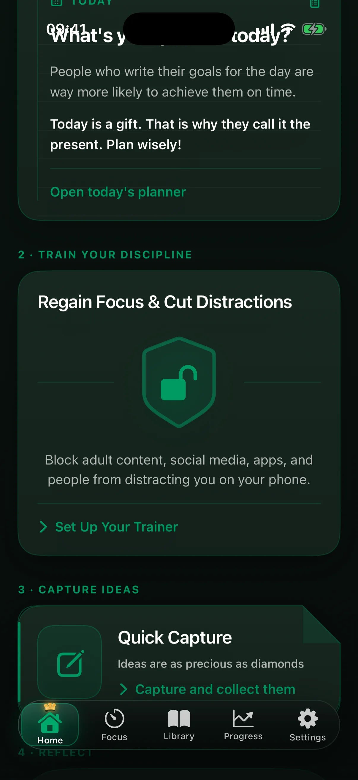 FreeSoulz Home showing the Regain Focus and Cut Distractions entry point